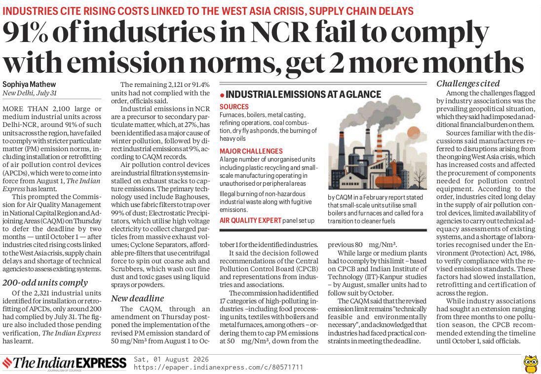 Warriormomsin's tweet photo. 91% of industries in NCR have failed to comply with PM emission norms. Yet, instead of enforcing accountability, the deadline has been extended.
This delay means more toxic air for millions, especially all our children.
Clean air laws are not optional; they exist to protect lives, not polluters.
@PMOIndia @CPCB_OFFICIAL @byadavbjp @India_NHRC
https://t.co/u3Yd0BwO93 via @SophiyaMathew1 @IndianExpress
