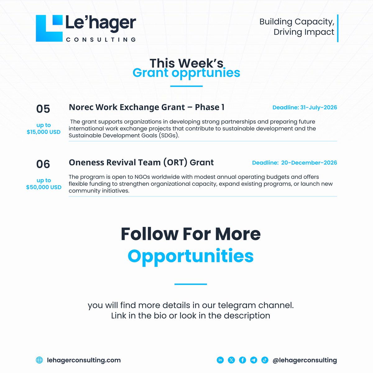 LehagerConsult's tweet photo. 🚀 Weekly Grant Opportunities Are Here!

Le'hager Consulting can help you with:
✔️ Grant writing
✔️ Proposal development
✔️ Application review
✔️ Technical documentation

📩 info@lehagerconsulting.com

Follow us for more
https://t.co/D6Ofin2QES

#grants #funds #opportunities https://t.co/gvO4tiSMJU