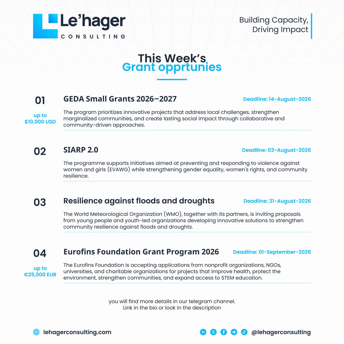 LehagerConsult's tweet photo. 🚀 Weekly Grant Opportunities Are Here!

Le'hager Consulting can help you with:
✔️ Grant writing
✔️ Proposal development
✔️ Application review
✔️ Technical documentation

📩 info@lehagerconsulting.com

Follow us for more
https://t.co/D6Ofin2QES

#grants #funds #opportunities https://t.co/gvO4tiSMJU