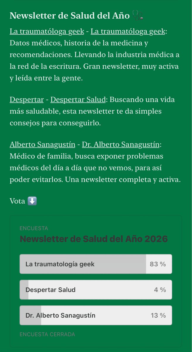 traumatogeek's tweet photo. 83% de los votos y cero euros de premio.
Me han dado el Premio Tinta 2026 a la mejor newsletter de Salud. Compitiendo con gente con millones de seguidores en YouTube.

Y yo, que me paso el día entre quirófanos y teclados, me he acordado de los griegos. En Olimpia, el premio para el mejor atleta conocido, era… una rama de olivo silvestre. El kotinos.

Vamos, que nada de oro. Una rama que podías arrancar de cualquier árbol del camino. Y aún así hombres entrenaban 10 años por ella. Porque el valor nunca estuvo en el objeto, sino en quien te lo daba.

Este premio lo habéis votado vosotros. Un 83% de vosotros y por eso vale más que cualquier trofeo.

Pero es que los griegos sabían algo que nosotros hemos olvidado. Pusieron a la medicina y a la palabra bajo el mismo dios: Apolo Médico. Padre de Asclepio, dios de la curación… y también de la poesía. Porque para ellos curar y contarlo, eran la misma cosa. Miles de años antes de que existiera la divulgación.

Así que, mil gracias a los que me apoyáis en Substack y a los que habéis encontrado un hueco en vuestro día para votar por mí. Es un honor saber que mi trabajo mueve conciencias y que voy por el camino correcto: hacer que la profesión (y especialidad) más bonitas del mundo lleguen a todos.

Yo pongo la tinta, pero vosotros ponéis el motivo.
Nos leemos mañana, como siempre.

#LaTraumatologaGeek