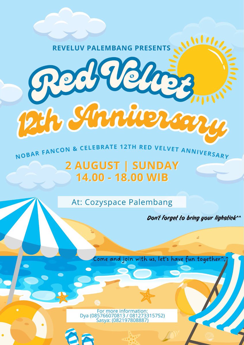 aycichie's tweet photo. Happy 12th Anniversary Red Velvet❤️

Ayo rayakan momen anniversary dan nonton bareng fancon <A Day in Red &amp; Velvet> secara live bareng Reveluv Palembang!

📅: Minggu, 2 Agustus 2026
🕑: 14.00 s/d 18.00 WIB
📍: Cozy Space Palembang
👗: Warna member 🩷💛💙💚💜 https://t.co/fctSGMZ9Ec