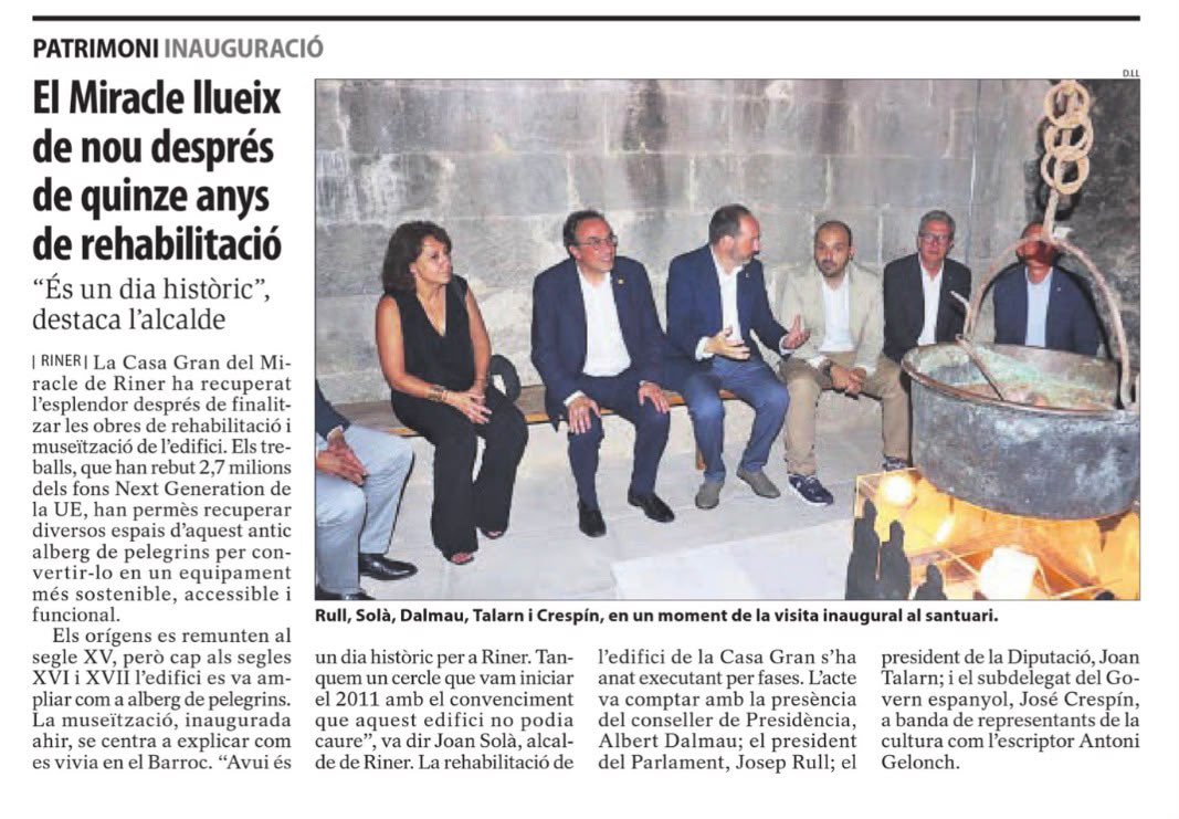 Antoni_Gelonch's tweet photo. A @SEGREcom avui es fan ressò d la inauguració d les obres d rehabilitació d la Casa Gran a Riner, i tenen l’amabilitat d’esmentar-me entre els assistents. Gràcies! 
@Horitzons2050 https://t.co/6mdLSMJ42V