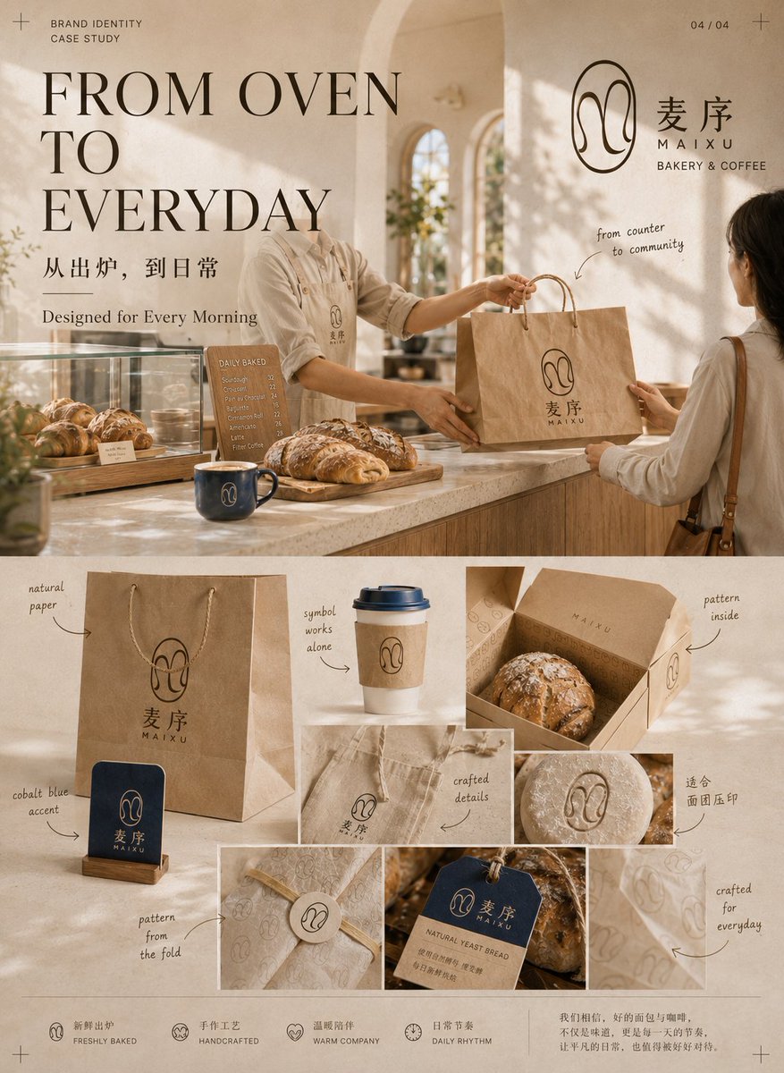 MrLarus's tweet photo. 生产力UP！
🤯 用 GPT-Image2 生成一套完整 Logo 提案，新品牌设计灵感参考！

同一套提示词，也能创建不同的品牌世界。案例是烘焙品牌「麦序」：

1. 品牌世界观与概念封面
2. Logo 符号与生成逻辑
3. 色彩、字体与视觉语言
4. 包装、门店与真实应用

🌟输入品牌信息，就能直接生成一套完整的四图 Logo 提案！

Prompt below 👇
