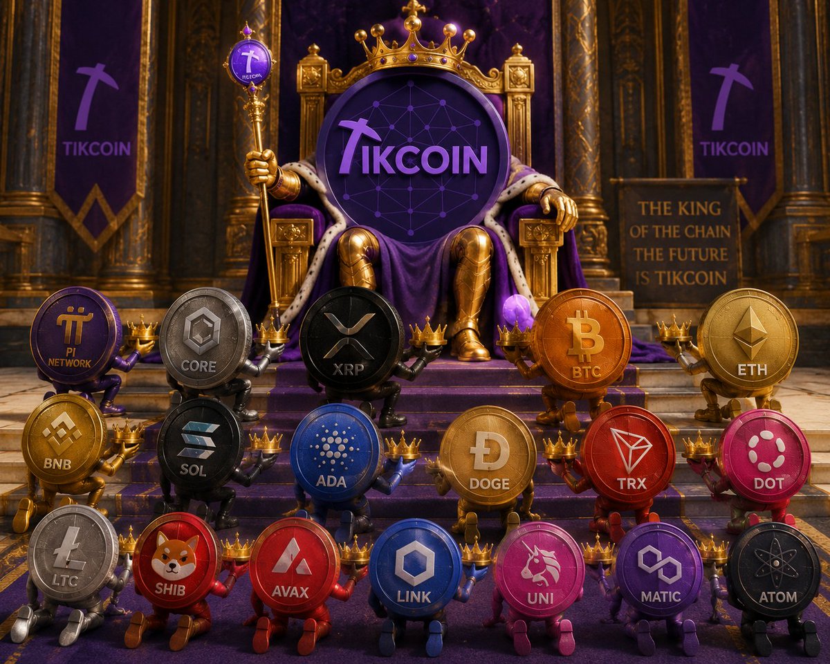 JagoraMuhammad's tweet photo. 👑 TikCoin – The King of the Crypto Kingdom 💜
This artwork portrays TikCoin as a powerful king seated on a magnificent royal throne, symbolizing strength, leadership, and confidence in its future. Holding a royal scepter and surrounded by a majestic purple-and-gold palace, TikCoin is presented as the central figure in this imaginative crypto kingdom.
In front of the throne, well-known cryptocurrencies—including Bitcoin (BTC), Ethereum (ETH), XRP, BNB, Solana (SOL), Cardano (ADA), Dogecoin (DOGE), TRON (TRX), Polygon (MATIC), Chainlink (LINK), Polkadot (DOT), Litecoin (LTC), Shiba Inu (SHIB), Avalanche (AVAX), Uniswap (UNI), Cosmos (ATOM), Core, and Pi Network—are artistically shown kneeling and offering their crowns as a symbolic gesture of respect.
The message "THE KING OF THE CHAIN – THE FUTURE IS TIKCOIN" represents the optimism and belief of TikCoin supporters that the project has the potential to become a major force in the blockchain industry.