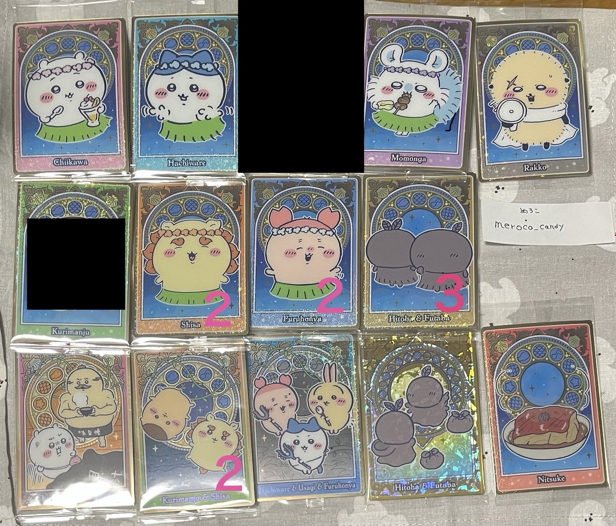 meroco_candy's tweet photo. 【交換】ちいかわ ウエハース 人魚の島のひみつ

【譲】ちいかわ、ハチワレ、モモンガ、ラッコ、シーサー、カニちゃん(古本屋)、ヒトハ&amp;フタバ(RN)、島二郎、シークレット、うさぎ、くりまんじゅう(画像参照)

【求】セイレーン
Rの場合N複数提供可能〜4枚位

2枚以上の交換希望
郵送のみ https://t.co/1UpFT2finb