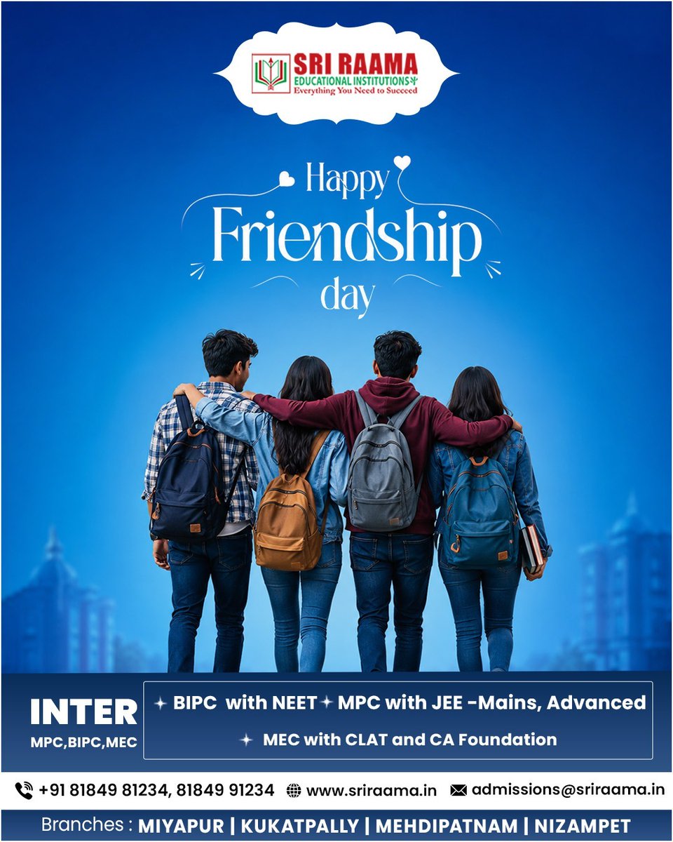 sriraamaeduinst's tweet photo. Happy Friendship Day from Sri Raama! 💙

True friends inspire you to dream bigger, grow stronger, and achieve success together. Celebrate the spirit of friendship with Sri Raama!

#HappyFriendshipDay #SriRaama #FriendsForever #StudyTogether #LearnTogether #StudentLife https://t.co/eFnhDhJtsD