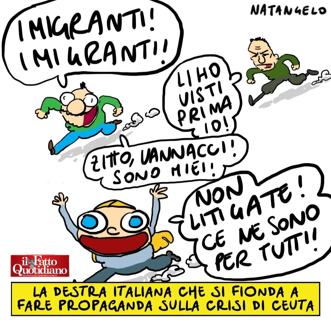 NatangeloM's tweet photo. La crisi di Ceuta - la mia vignetta per la prima pagina Il Fatto Quotidiano oggi in edicola!
#ceuta #spagna #satira #vignetta #natangelo https://t.co/uIfmgc4kEG