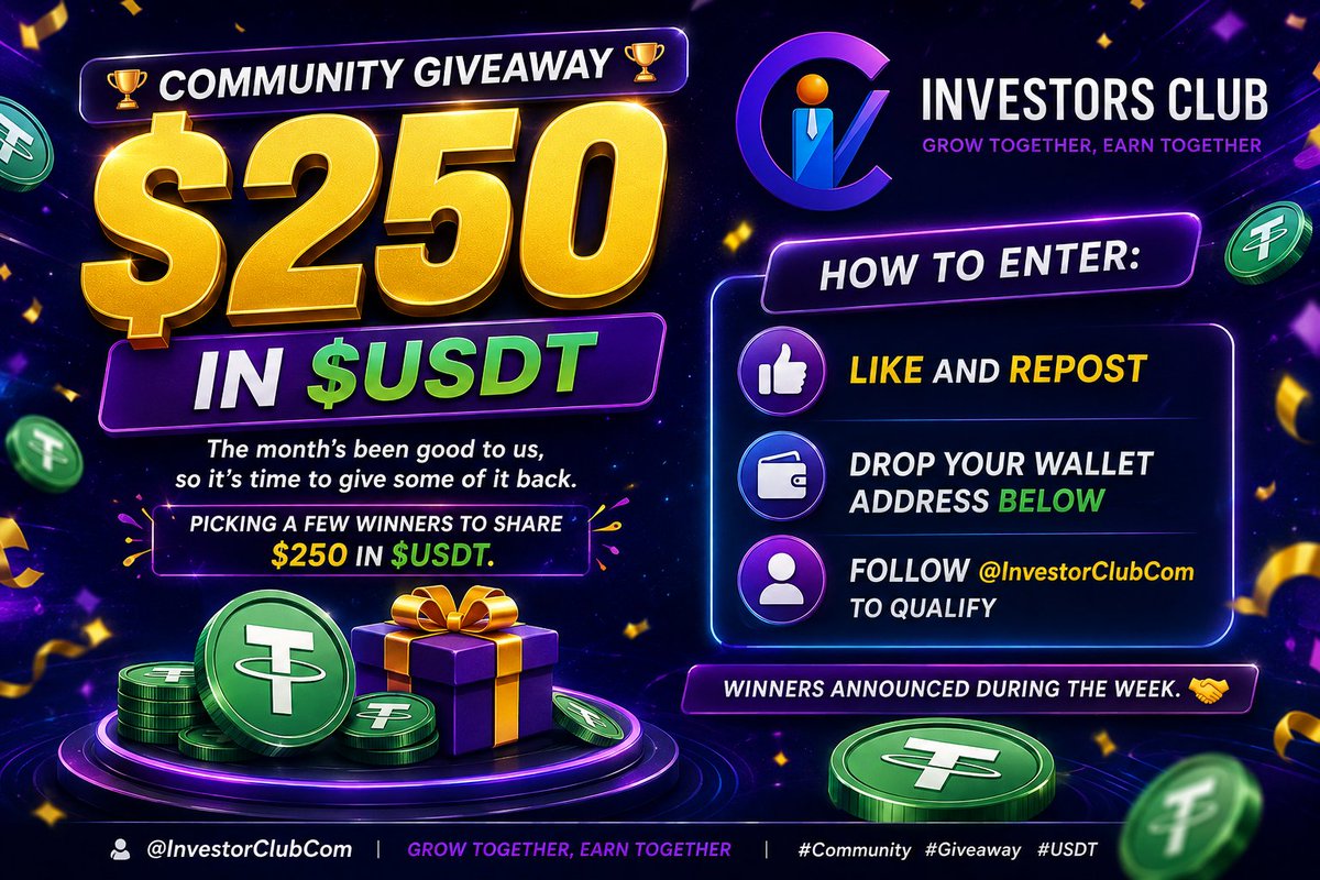InvestorClubCom's tweet photo. 🏆 $250 COMMUNITY GIVEAWAY 🏆

The month’s been good to us, so it’s time to give some of it back.

Picking a few winners to share $250 in $USDT.

How to enter:

• Like and repost
• Drop your wallet address below
• Follow @InvestorClubCom and @Defi_Raccoons to qualify

Winners announced during the week. 🤝

#Giveaway #airdrop #investorclubcom #defi_raccoons