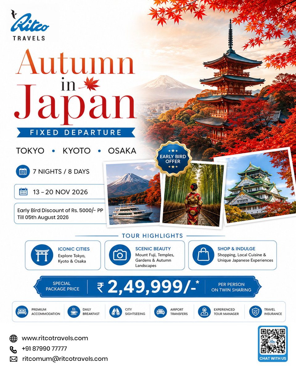 RitcoTravel's tweet photo. Escape to the breathtaking beauty of Japan in Autumn with Ritco Travels! 🇯🇵🍁✨
.
📞 +91 87990 77777
.
📧 ritcomum@ritcotravels.com
.
🌐 https://t.co/WAmnmfc6Nf
.
💬 Chat with us on WhatsApp: https://t.co/rdNcCSMNe6
.
#JapanTour #JapanHoliday #TravelWithRitco https://t.co/vpuT9h6SWw