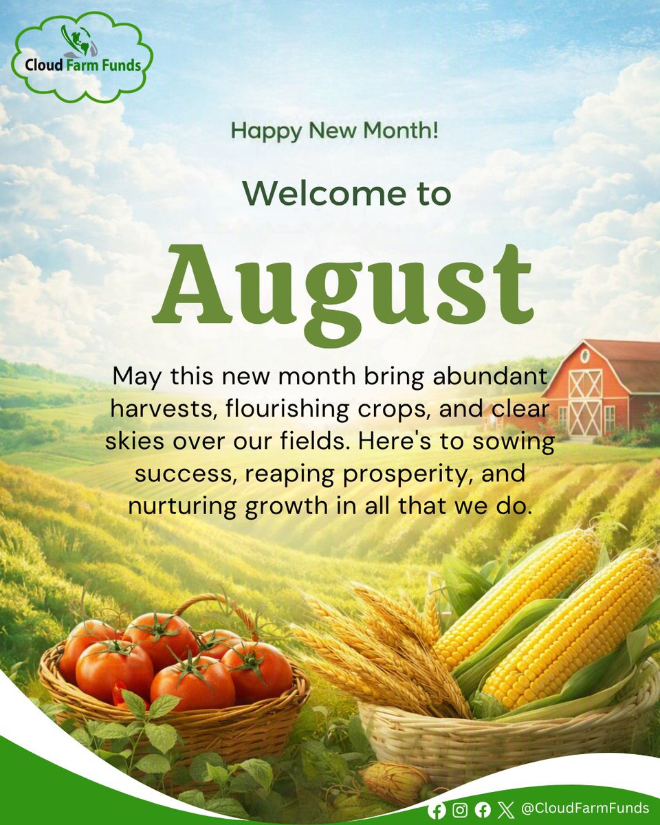 cloudfarmfunds's tweet photo. May this new month bring abundant harvests, flourishing crops, and clear skies over our fields. Here's to sowing success, reaping prosperity, and nurturing growth in all that we do. 

#HappyNewMonth
#EmpoweringFarmers https://t.co/JSYACCe3XF