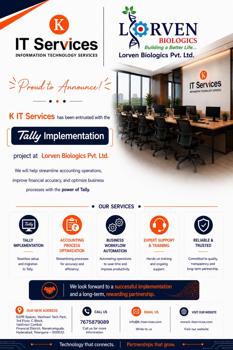 KITSERVICESS's tweet photo. Proud to partner with Lorven Biologics Pvt. Ltd. for their Tally Implementation Project!

Looking forward to delivering a seamless implementation and creating lasting value together.

#KITServices #LorvenBiologics #Tally #BusinessTechnology #DigitalTransformation https://t.co/PVNLFta0Tz