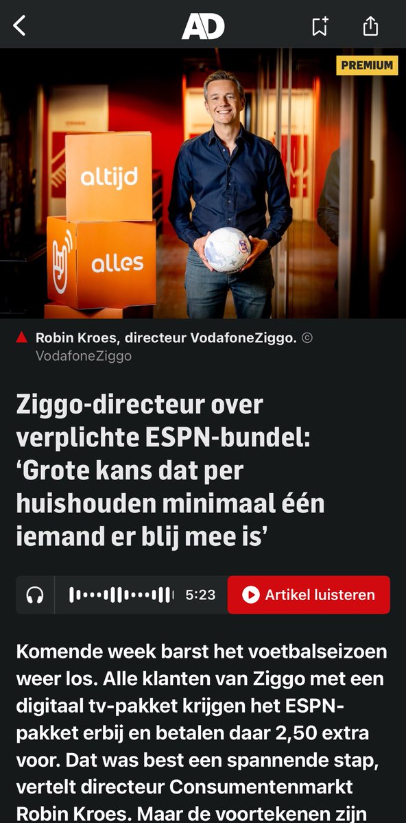 MaxPlanckNL's tweet photo. Jullie zijn vergeten het woord ‘advertentie’ boven het ‘artikel’ te zetten, @adnl .
#ziggo #ad #voetbal 
@ZiggoSport https://t.co/bw4tB5rkhj