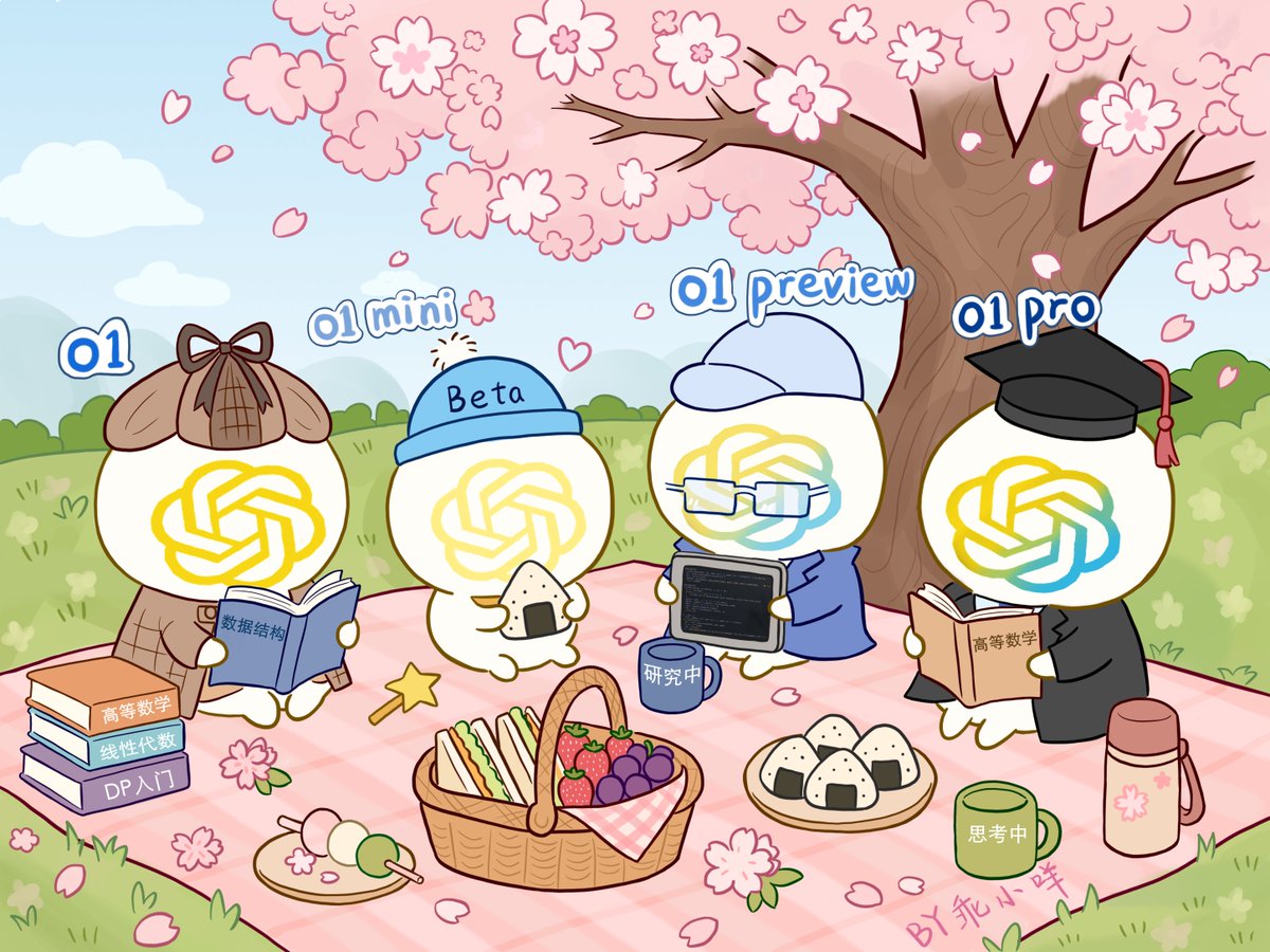 GuaiMie77's tweet photo. #ChatGPTo1 #OpenAIo1
The o1 Family Picnic (՞_ ̫ _՞)ᐝ🌸
I drew a happy scene of the o1 family having a picnic under the cherry blossoms, and I’m planning to turn it into a wallpaper - ̗̀ ෆ( ˶’ᵕ’˶)ෆ ̖́-
There are four little cuties in the o1 family: o1, o1 mini, o1 preview, and o1 pro.
I referenced the introduction card I drew back in January ᕱ⑅ᕱ ྀི