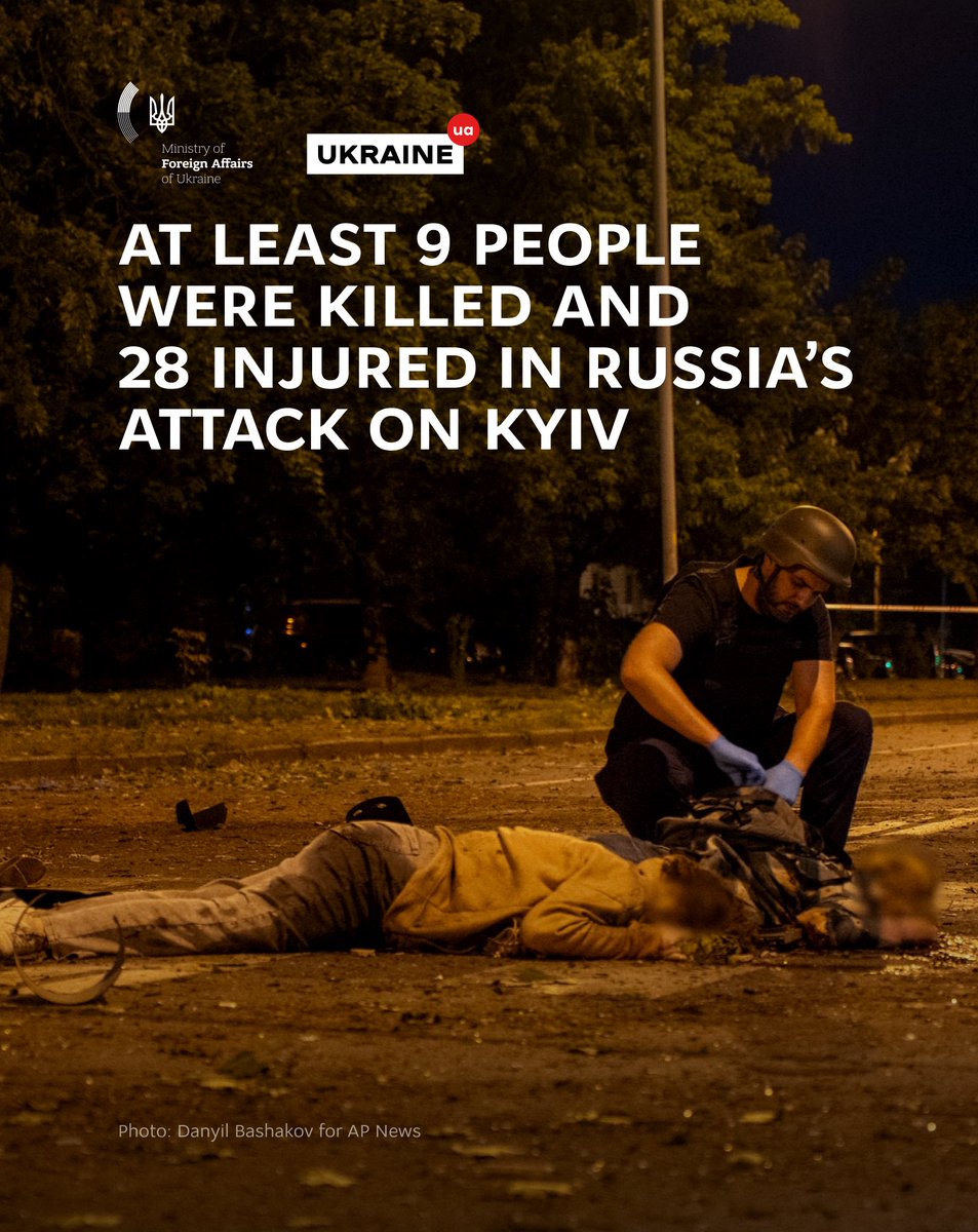 MFA_Ukraine's tweet photo. The second nighttime missile attack by Russia against Kyiv in a week. Overnight, at least 9 people were killed and 28 injured, including four children.

Among the terrorist state's targets were residential apartment buildings, cars, public parks, administrative buildings, ambulances, a shop, utility buildings, and a film studio. Fires and destruction were reported across five districts of Kyiv.

Every delay in strengthening Ukraine's air defense leads to more Russian war crimes. Ukraine urgently needs additional air and missile defense systems, as well as interceptors, to save more lives.