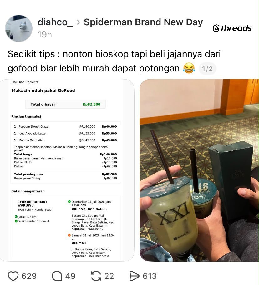 LambeSahamjja's tweet photo. tips dari diah kalo lagi di bioskop:
- kalau nonton bioskop, beli jajanannya (popcorn, minuman) lewat gofood aja
- bukan beli langsung di bioskop
- caranya bisa lebih murah karena dapat diskon/potongan
- total harga awal: rp140.000
- ada diskon plus rp10.000 dan diskon rp62.000
- jadi total yang dibayar cuma rp82.500
- hemat 50 rban