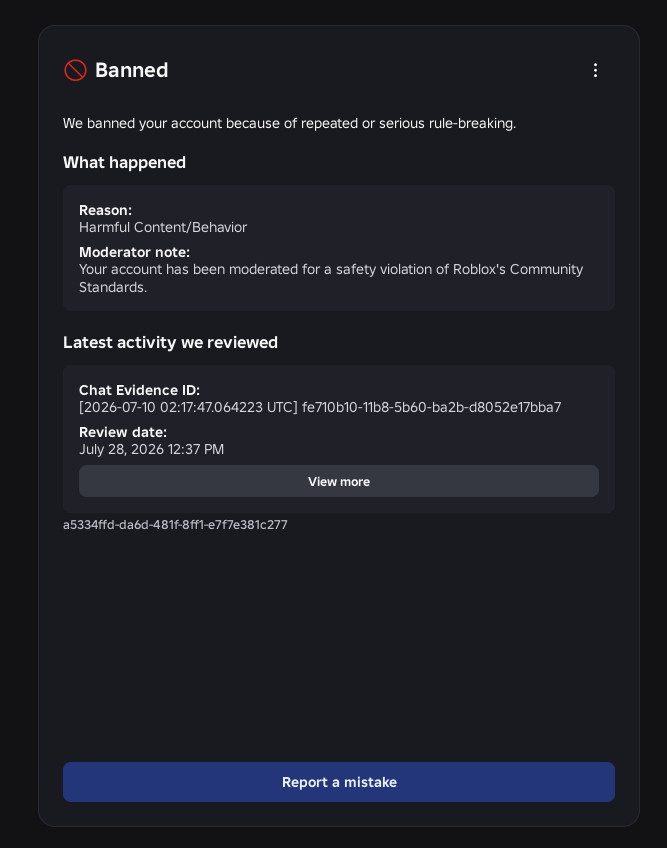 Gabriel66765664's tweet photo. @KreekCraft @Roblox @DavidBaszucki please, someone need to review this AI moderations, my account got terminated for something i never did, have prints for proof!

please, Roblox, fix this. https://t.co/kUYD1J3Rk1