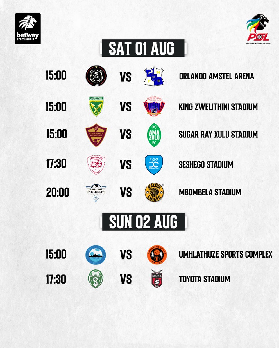 OfficialPSL's tweet photo. 🏟️ 𝐌𝐀𝐓𝐂𝐇𝐃𝐀𝐘 🏟️

The 2026.2027 #BetwayPrem season begins today with 10 teams in action from 15:00. https://t.co/z2I2bLqBGH
