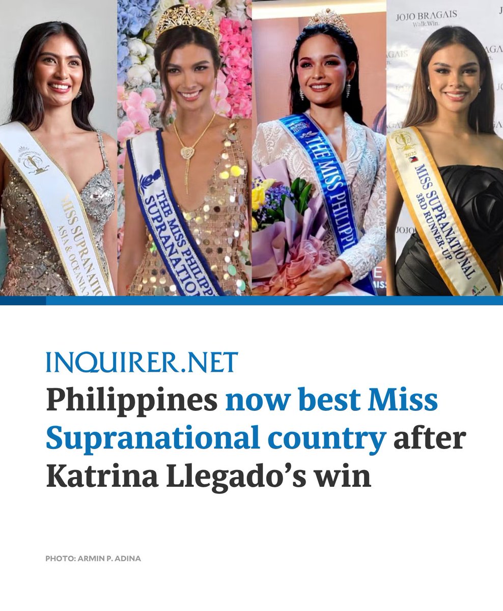 inquirerdotnet's tweet photo. The Philippines has not only sustained its placement streak at the Miss Supranational pageant with the recent victory of Katrina Llegado, it has also now become the best-performing country in the Poland-based global tilt.

READ MORE: https://t.co/UrMMJ1QeQP https://t.co/6PFjptBG4D