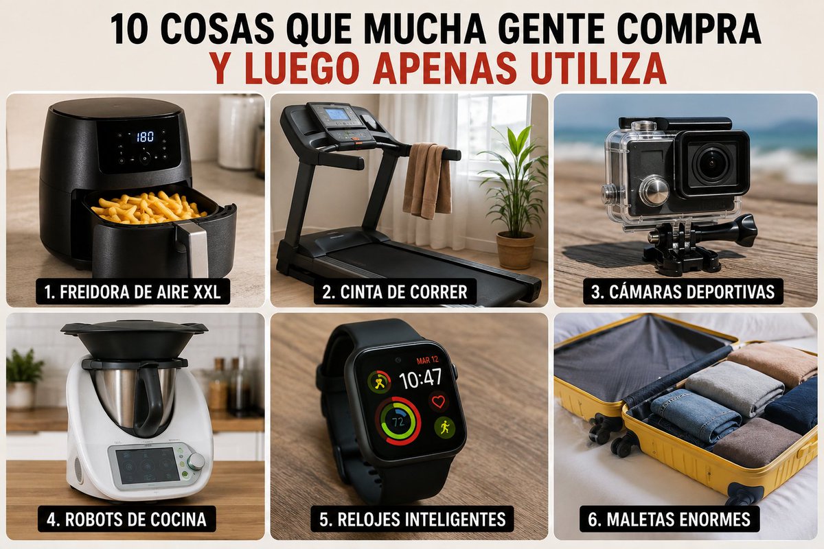ListaIncomoda's tweet photo. 10 cosas que mucha gente compra y luego apenas utiliza.

- Freidora de aire XXL para una persona.
- Cintas de correr que acaban siendo un perchero.
- Cámaras deportivas que salen de casa dos veces.
- Robots de cocina con 40 funciones.
- Relojes inteligentes de 600 € para mirar la hora.
- Maletas enormes para viajes de fin de semana.
- Impresoras domésticas.
- Equipos de gimnasio completos.
- Cursos que nunca empiezan.
- El coche mucho más grande de lo que realmente necesitan.

¿Cuál añadirías tú?