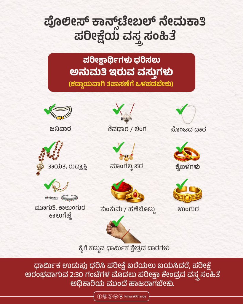 PriyankKharge's tweet photo. ಪೊಲೀಸ್ ಕಾನ್ಸ್‌ಟೇಬಲ್ ನೇಮಕಾತಿ ಪರೀಕ್ಷೆ - ಪಾರದರ್ಶಕತೆಯೇ ನಮ್ಮ ಬದ್ಧತೆ.

ವಿದ್ಯಾರ್ಥಿಗಳ ಭವಿಷ್ಯವನ್ನು ಬಲಪಡಿಸುವ ನಿಟ್ಟಿನಲ್ಲಿ, ಈ ಬಾರಿಯ ಪರೀಕ್ಷಾ ಆಯೋಜನೆಗಾಗಿ ರಾಜ್ಯ ಕಾಂಗ್ರೆಸ್ ಸರ್ಕಾರ ಸಮರೋಪಾದಿಯಲ್ಲಿ ಸಿದ್ದತೆ ನಡೆಸಿದೆ.

ಪರೀಕ್ಷಾ ಕೇಂದ್ರಕ್ಕೆ ತರಬಹುದಾದ ಹಾಗೂ ನಿಷೇಧಿತ ವಸ್ತುಗಳ ಸಂಪೂರ್ಣ ಪಟ್ಟಿಯನ್ನು ಈಗಾಗಲೇ ಅಭ್ಯರ್ಥಿಗಳ ಹಾಲ್ ಟಿಕೆಟ್ ನಲ್ಲಿ ವಿವರವಾಗಿ ನೀಡಲಾಗಿದ್ದು, ಎಲ್ಲರೂ ಕಡ್ಡಾಯವಾಗಿ ವಸ್ತ್ರ ಸಂಹಿತೆ ಪಾಲಿಸಿಲು ಕೋರಿದೆ. 

ಧಾರ್ಮಿಕ ಉಡುಪು ಧರಿಸಿ ಪರೀಕ್ಷೆ ಬರೆಯಲು ಅಪೇಕ್ಷಿಸುವವರು, ಪರೀಕ್ಷೆ ಆರಂಭಕ್ಕೆ2:30 ಗಂಟೆ ಮೊದಲು ಕೇಂದ್ರದಲ್ಲಿ ಹಾಜರಿದ್ದು ತಪಾಸಣೆಗೆ ಒಳಪಟ್ಟು ಪರೀಕ್ಷೆ ಬರಯಲು ಅವಕಾಶ ಕಲ್ಪಿಸಲಾಗಿದೆ. 

ಯಾವುದೇ ಗೊಂದಲಕ್ಕೆ ಒಳಗಾಗದೇ, ಆತ್ಮವಿಶ್ವಾಸದಿಂದ ಉದ್ಯೋಗಾಕಾಂಕ್ಷಿಗಳು ಯಶಸ್ವಿಯಾಗಿ ಪರೀಕ್ಷೆಯನ್ನು ಎದುರಿಸುವಂತೆ ಕೋರುತ್ತೇನೆ.