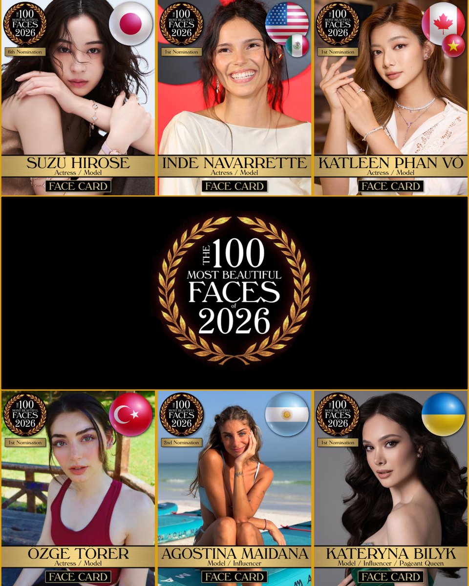 tccandler's tweet photo. Which face should represent 2026?  To nominate &amp; vote please join 70,000+ on our Patreon! (link in bio). #tccandler #100Faces #100faces2026 #suzuhirose #indenavarrette #katleenphanvo @navarretteUPD @VoKatleen #ozgetorer @OzgeTorer #agostinamaidana #katerynabilyk https://t.co/Jeu6aplxnO
