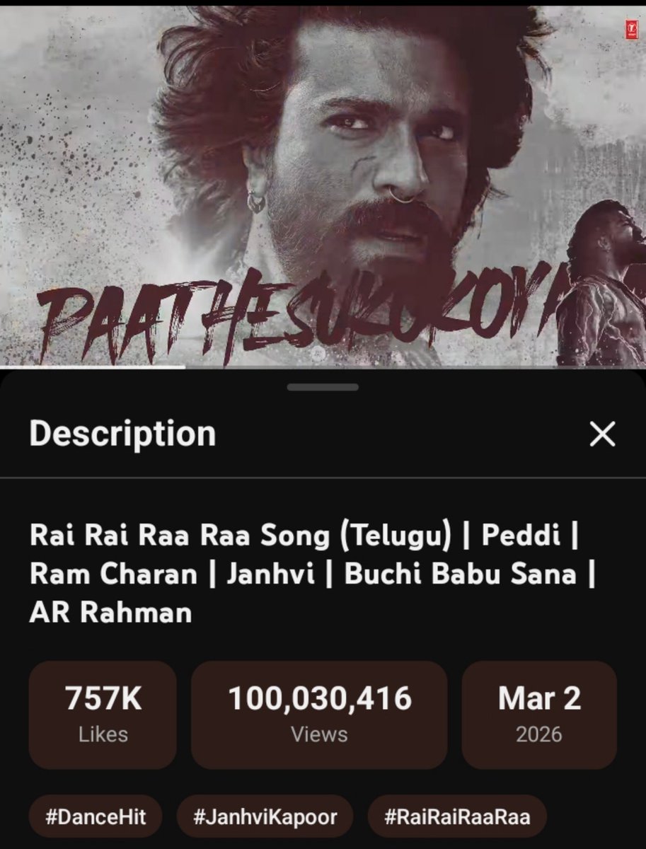 TweetRamCharan's tweet photo. 1️⃣0️⃣0️⃣ MILLION+ Views for #RaiRaiRaaRaa on @YouTube 🔥🔥

2nd 100M+ Song for #PEDDI... Biggest Chartbuster Album from Tollywood in recent times 🕺🏻⚡

@AlwaysRamCharan × @arrahman https://t.co/F61yAJu8tQ