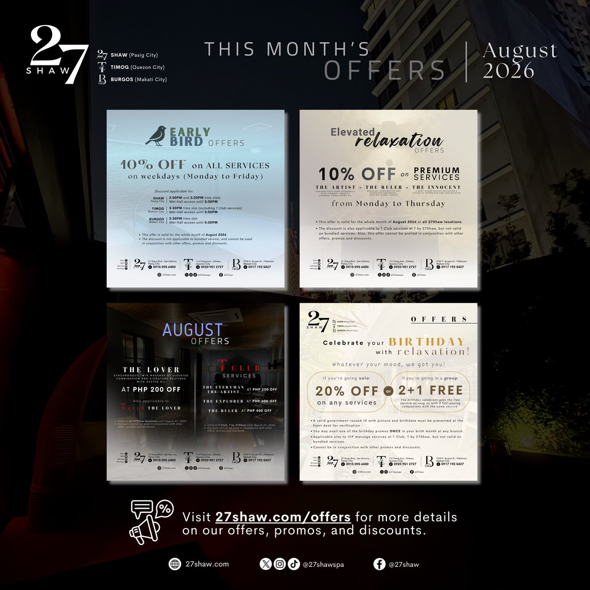 27shawspa's tweet photo. Your next visit just got even better. ✨ See this month’s exclusive offers at https://t.co/kFkKMy9uWk 🖤

#ThisIs27Shaw #27Shaw #Tby27Shaw #Bby27Shaw https://t.co/rQnBia3isJ