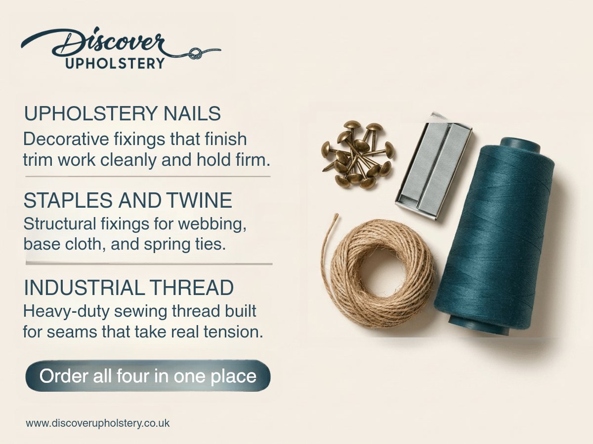 DiscoverUphols3's tweet photo. One missing consumable can stall an upholstery job fast. Nails, staples, twine and industrial thread in one range keep DIY and trade projects moving. Comment with an emoji if you’re kit-checking today.

Learn a new upholstery skill today. https://t.co/I13HMTuarY https://t.co/GtH7L5r8gq