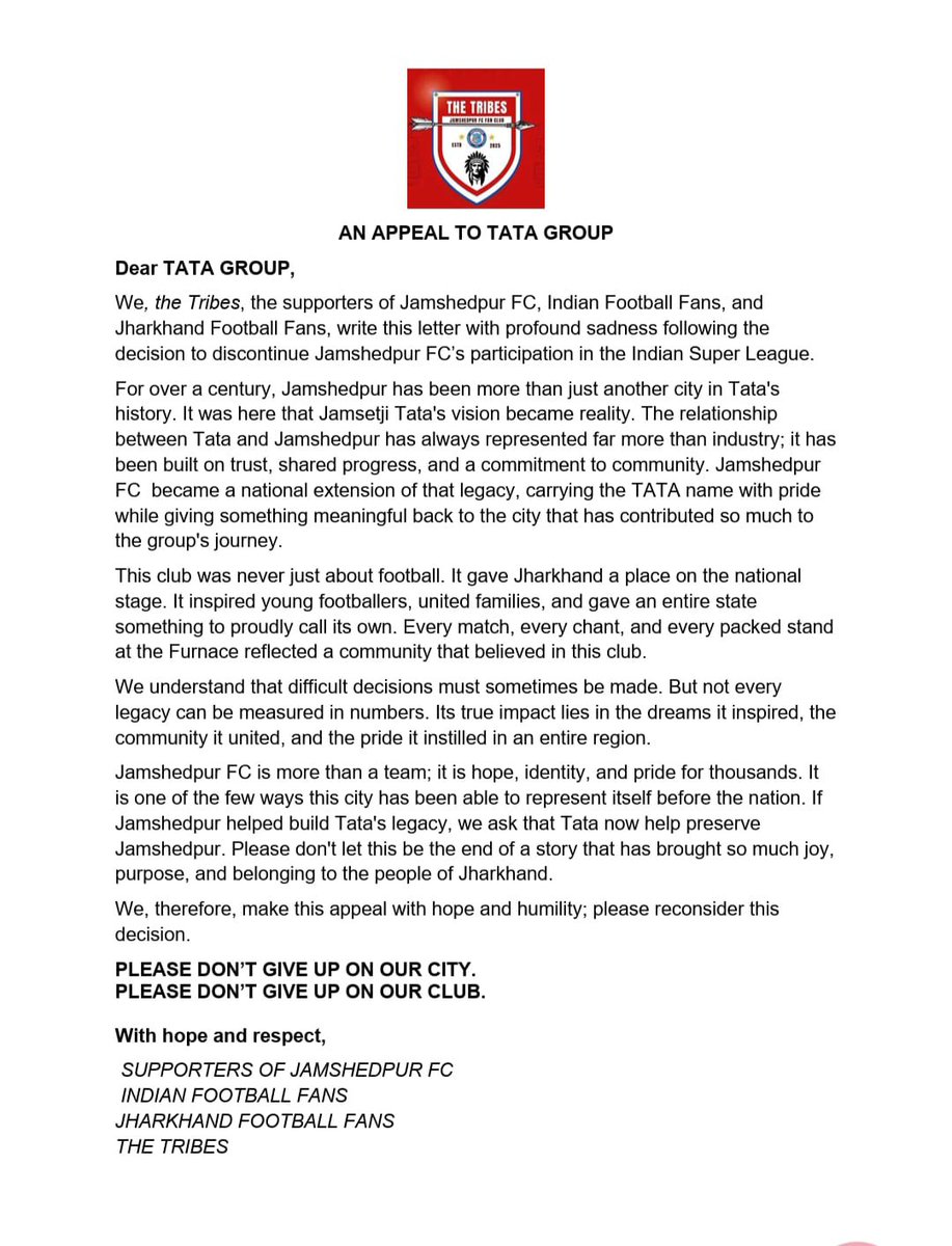 TheTribesArmy's tweet photo. A City that helped build Tata's legacy is now pleading to save its own.
Don't let Jamshedpur lose the club that gave it a voice.
Please read our open letter 

@TataCompanies @TataSteelLtd @JamshedpurFC https://t.co/nUPlJwGkPo