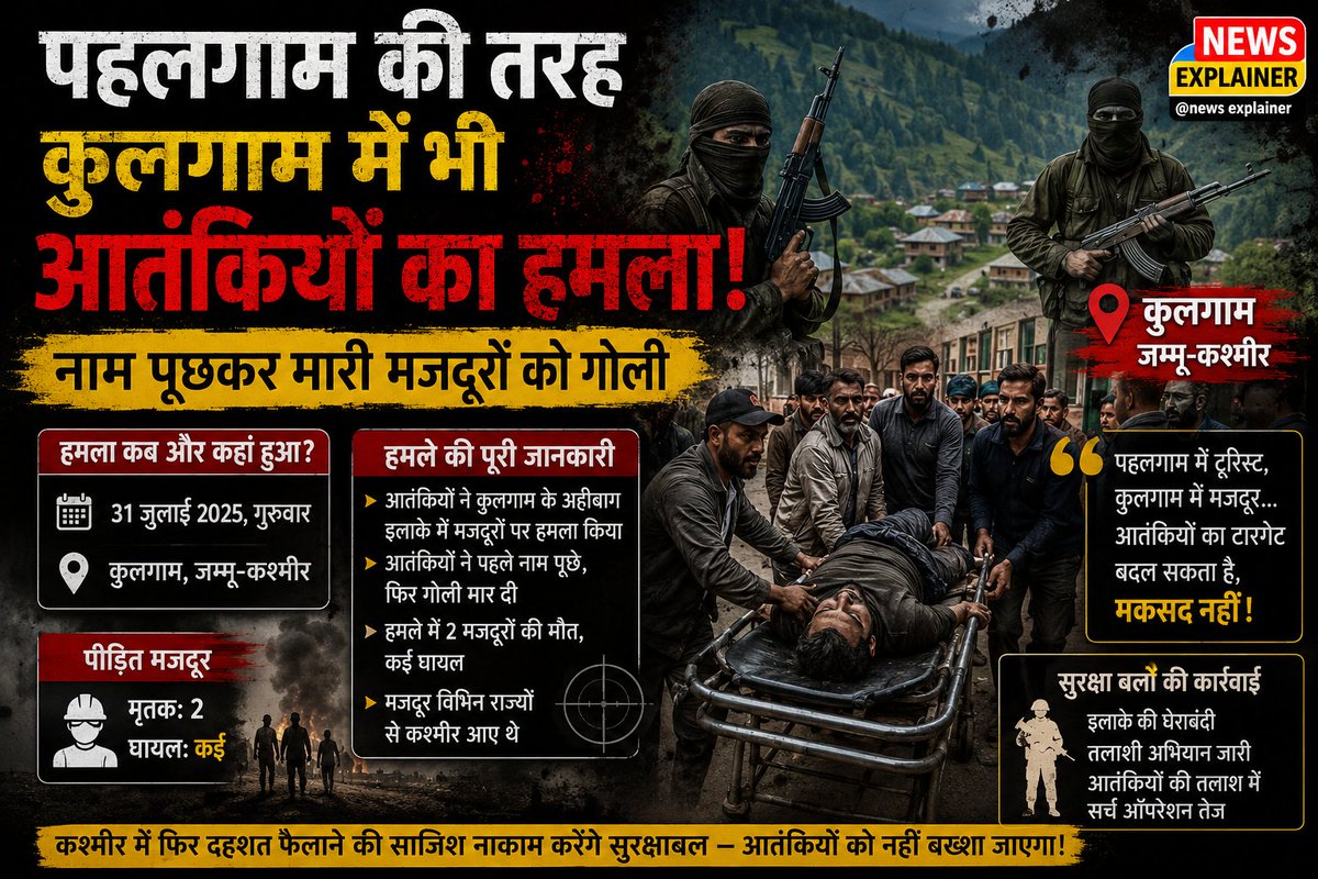 NewsatExplainer's tweet photo. Breaking News:कुलगाम में फिर आतंक का कहर! नाम पूछकर मजदूरों को मारी गोली, पहलगाम के बाद नया टारगेट?
#KulgamAttack #Kashmir #TerrorAttack #JammuKashmir #Pahalgam #BreakingNews #Terrorism #NewsExplainer #KashmirNews #IndiaNews https://t.co/Yiq9UaB1aP