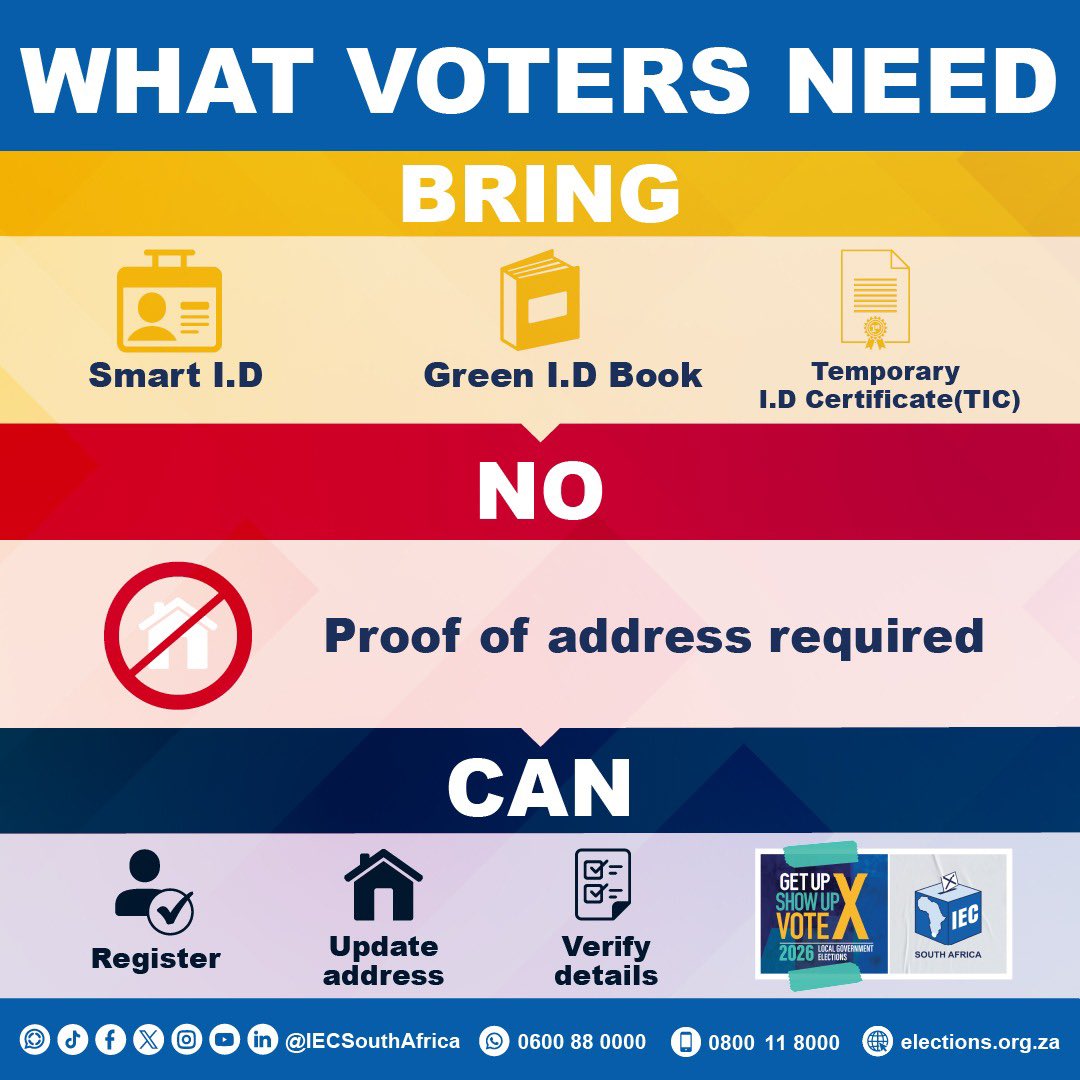 IECSouthAfrica's tweet photo. Voter Registration Stations are officially OPEN!  Ready to register to vote? 
Here’s what you’ll need: 
- Smart ID Card 
- Green barcoded ID Book 
- Temporary Identity Certificate (TIC)

To register or update your voter registration details online: https://t.co/QFgJgjwl82 https://t.co/FKkqsMRO0W