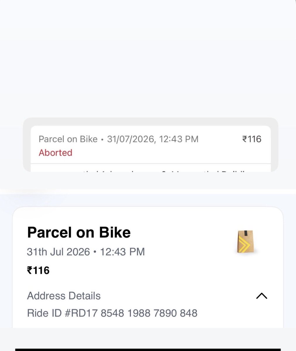 dannykodwani's tweet photo. @rapidobikeapp Is this how Rapido Parcel operates?

Your rider collected my parcel, aborted the ride, and disappeared with my package.

I have no way to contact the rider because the ride was cancelled, the parcel never reached my customer, cont.. https://t.co/NipJjJscoQ