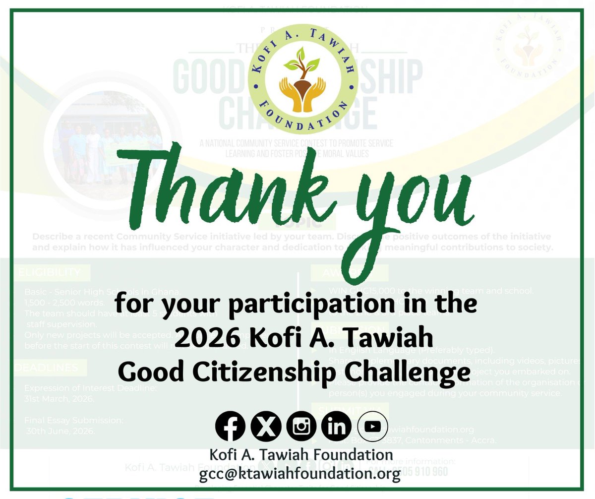 KofiATawiahfdn's tweet photo. The Kofi A. Tawiah Foundation extends its heartfelt appreciation to all participating schools for successfully submitting their project essays for the 2026 Kofi A. Tawiah Good Citizenship Challenge.
#characterdevelopment #character #GoodCitizenship #values
#goodcitizen https://t.co/FwqCG17xNI