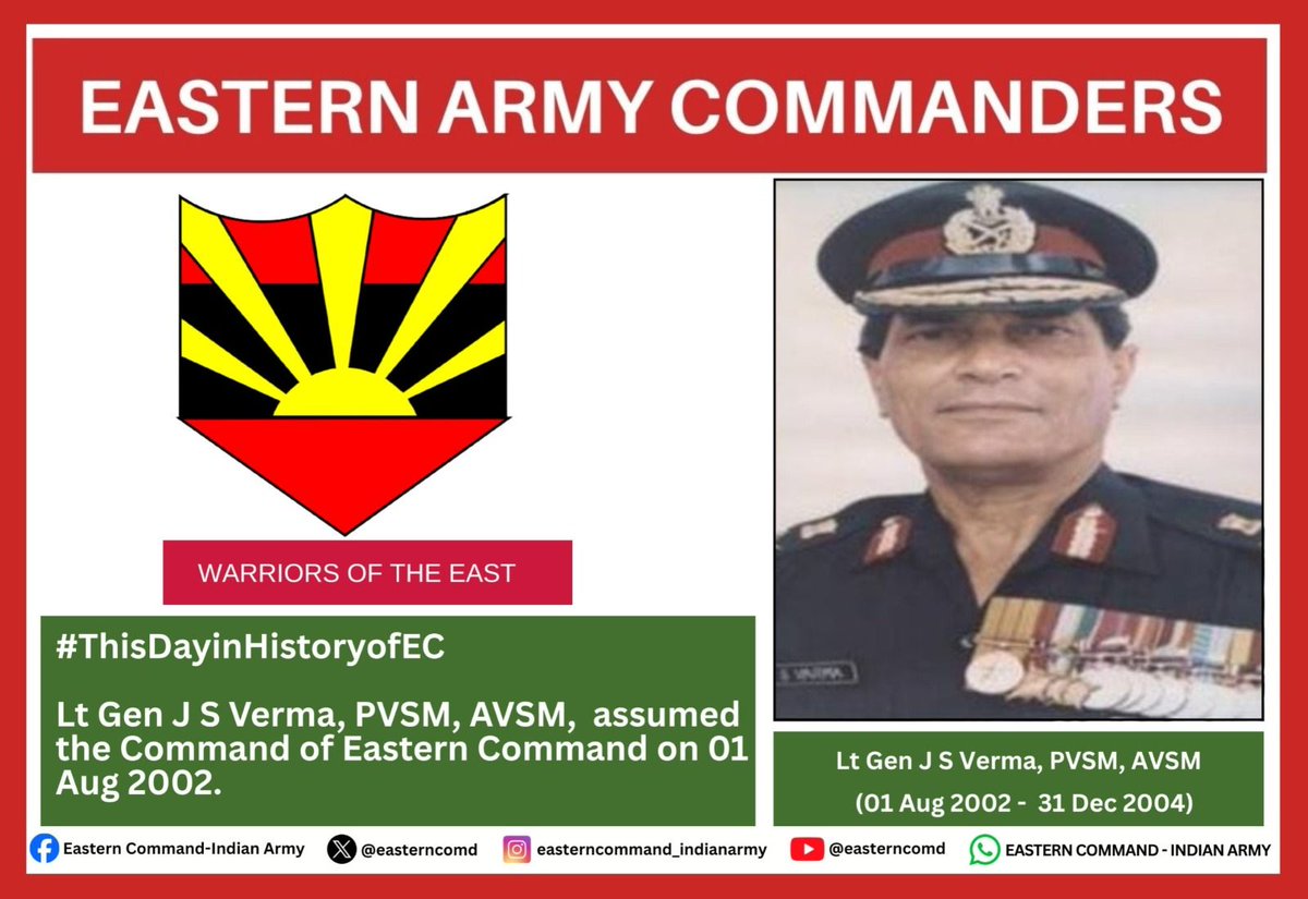 easterncomd's tweet photo. The #WarriorsoftheEast shall always cherish the immense contributions made by  Lt Gen  J S Verma, PVSM, AVSM. His invaluable  contribution will always remain etched in the annals of history.

#पूर्व_के_योद्धा लेफ्टिनेंट जनरल  जे एस वर्मा, पीवीएसएम, एवीएसएम  द्वारा किए गए अपार योगदान को हमेशा संजोकर रखेंगे। उनका अमूल्य योगदान हमेशा इतिहास के पन्नों में अंकित रहेगा।

#भारतीयसेना
#पूर्वीकमान
#हमारेकमांडरशीर्षपर
#IndianArmy
#EasternCommand
#OurCommandersatHelm

@adgpi
@SpokespersonMoD
@HQ_IDS_India
@indiannavy
@IAF_MCC
@official_dgar
@ProDefKolkata
@IndiaCoastGuard
@HQ_DG_NCC
@EAC_IAF
@IN_EasternFleet
@IN_HQENC 

Facebook - https://t.co/9M06AjHJaW
Instagram - https://t.co/OyTvRetphB