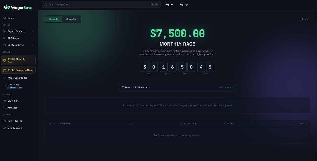 wagersave's tweet photo. Leaderboards just got a serious upgrade.

$7,500 monthly race
$1,000 bi-weekly race

XP comes from three places:
→ $1 wagered = 10 XP
→ $1 wager/deposit cashback = 100 XP
→ $1 instant cashback = 25 XP

Wager $20k with normal cashback and you're at ~203,000 XP.

Top 10 pay out on both boards.