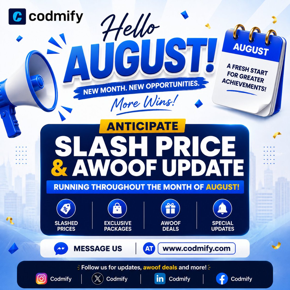 codmify's tweet photo. Welcome to August! π₯³
Enjoy Slash prices on our website creation packages this month of AUGUST.
The Big Reveal is later tonight.
Anticipate....! π₯
#sales #awoof #websitecreation #august #codmify https://t.co/65D0723xQS