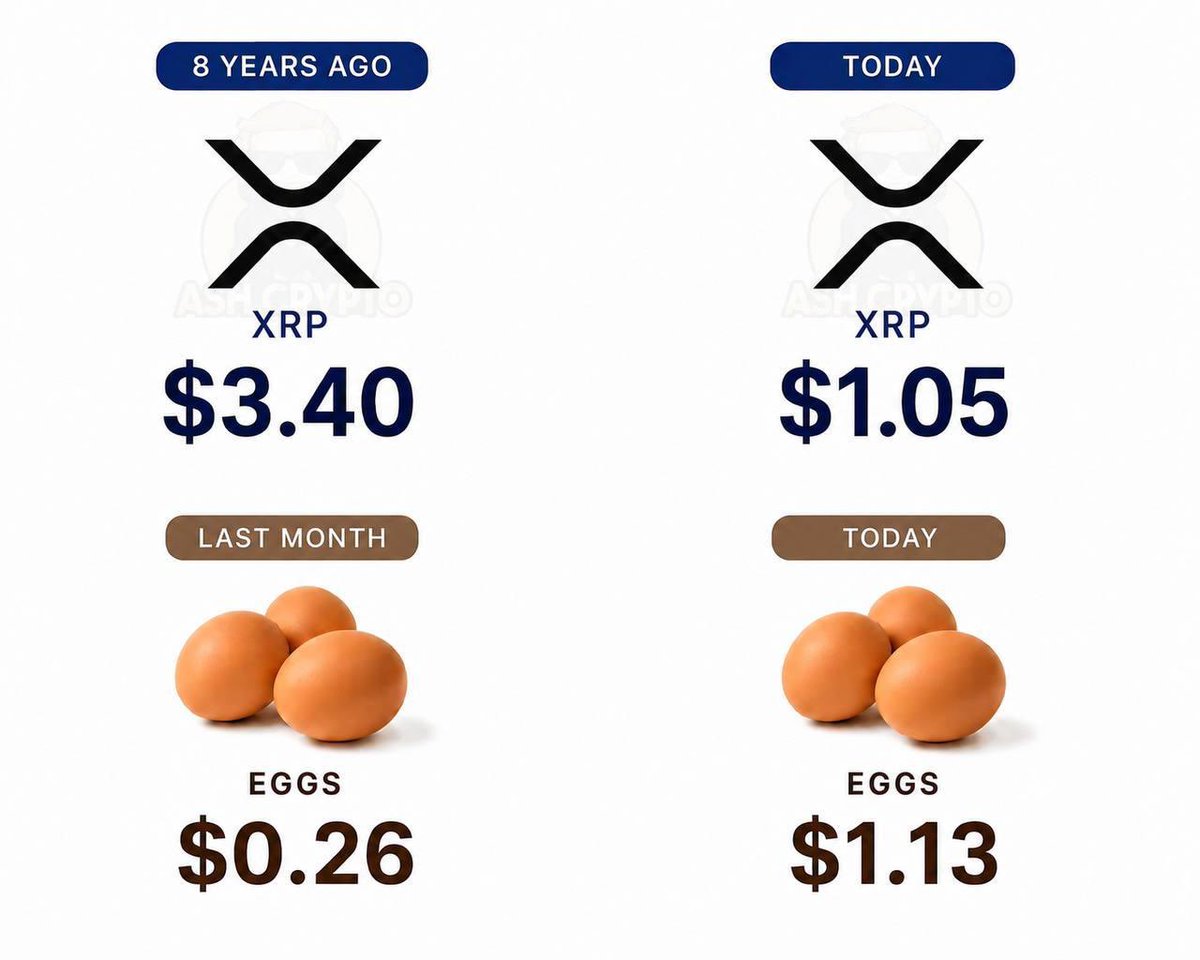 AshCrypto's tweet photo. $10,000 invested in $XRP 8 years ago is now worth $3,000.

$10,000 invested in eggs 1 month ago is now worth $43,400.

Bro, we got outperformed by fucking Eggs. https://t.co/epkqpmwFMB