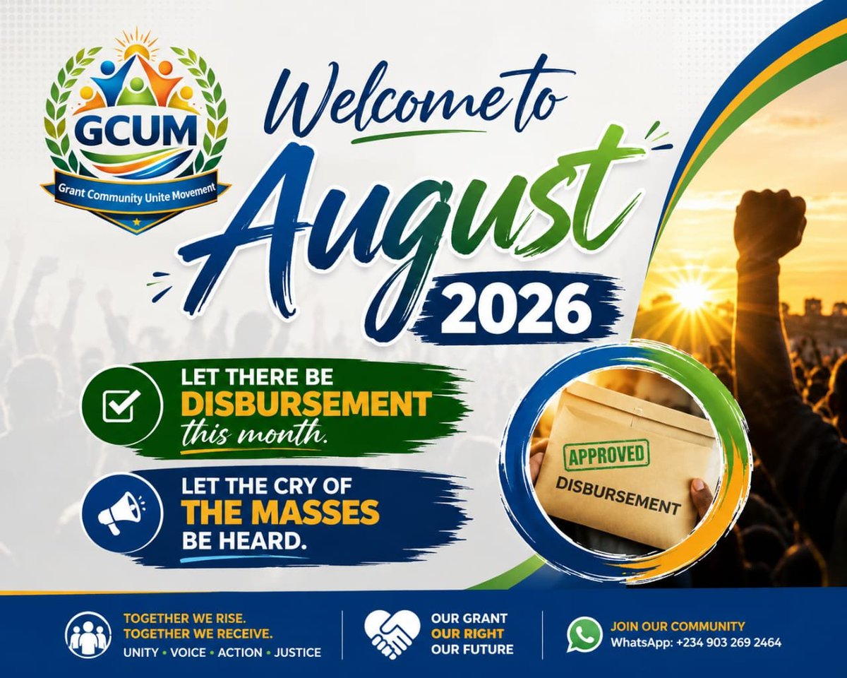 Stephen82793699's tweet photo. @GrantCommuUnite @ARISEtv @HouseNGR @channelstv @icpcnigeria @UNHumanRights Welcome to August 2026! May this be the month of disbursement, transparency, and justice. Let the cry of genuine grant subscribers be heard. No more delays. No more silence. It's time to fulfill every genuine promise. 
#GCUM
 #GrantJustice #DisbursementNow #Nigeria #Transparency https://t.co/eALwt3PlCP