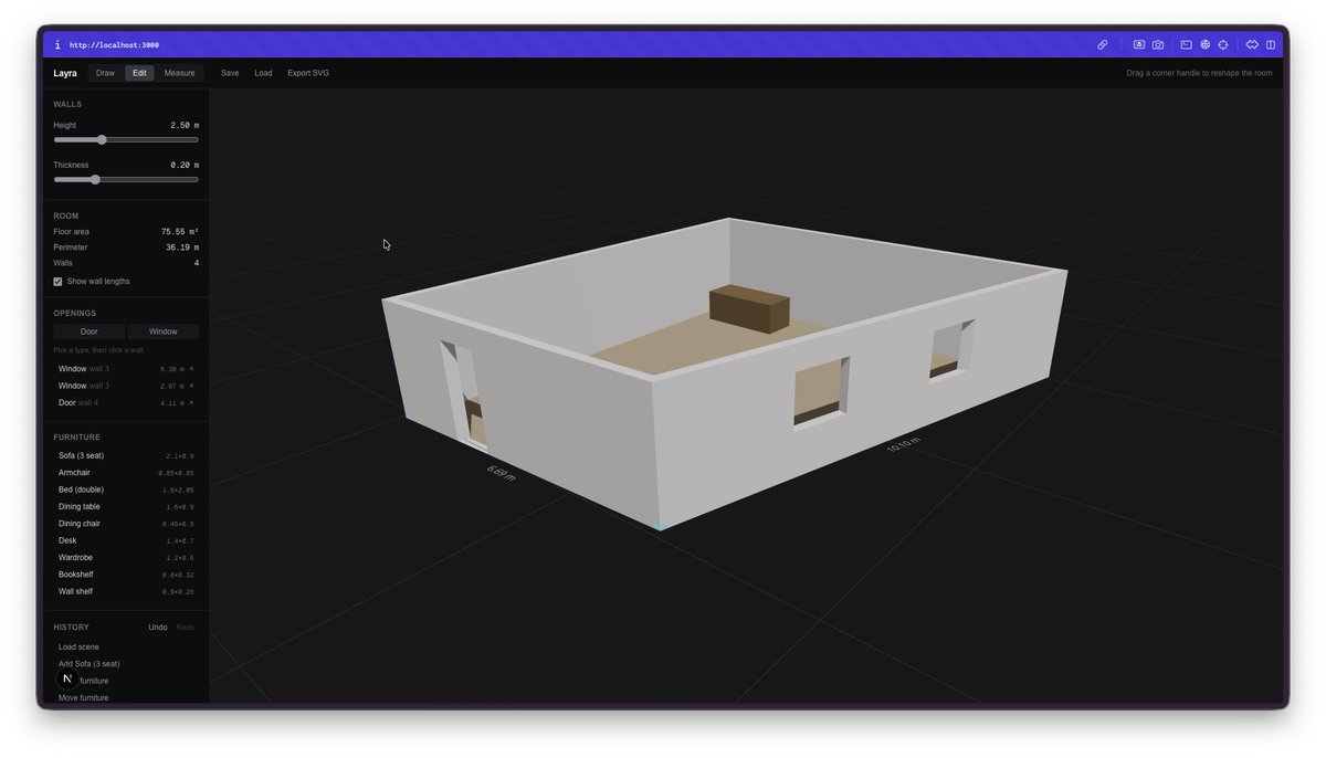 keshan_07's tweet photo. Been building Layra - a browser-based room planner, built with @threejs 

Click corners to draw a floor plan, walls extrude into 3D as you go. Drag a handle to reshape the room and everything re-mitres live. Doors and windows snap onto walls. Export to SVG. https://t.co/BCH9a0YJbE