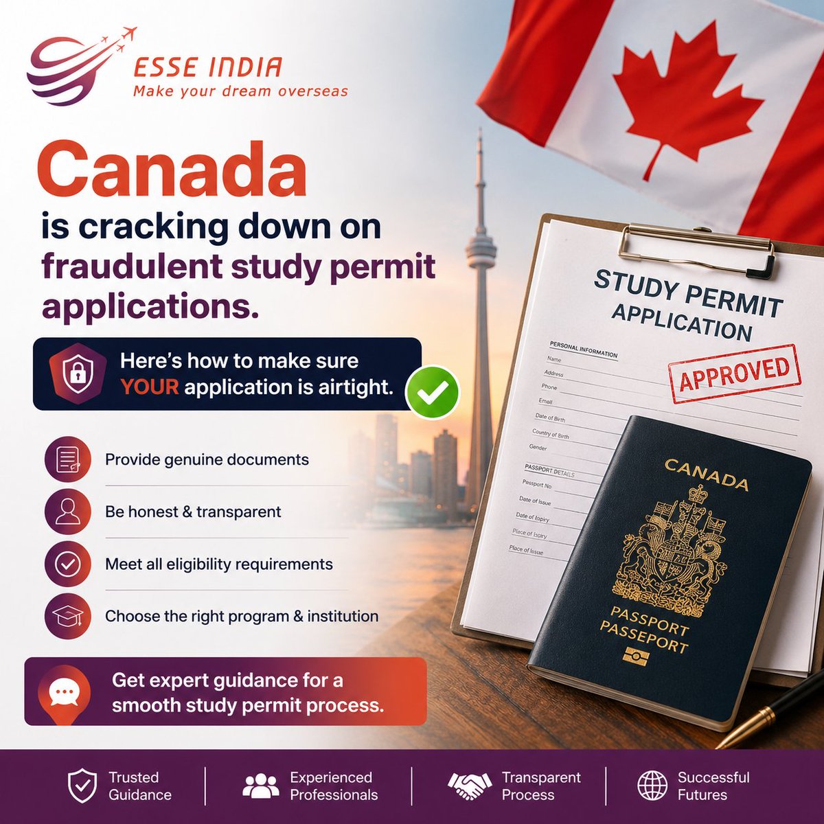 Esse_india's tweet photo. Canada is tightening study permit checks. Make sure your application is complete, accurate, and genuine.
Esse India Immigration Private Limited to review your study permit eligibility.
Visit: https://t.co/mdF9oNyZ2a
#StudyInCanada #CanadaVisa #StudyPermit #CanadaImmigration https://t.co/eLn0nheTJS
