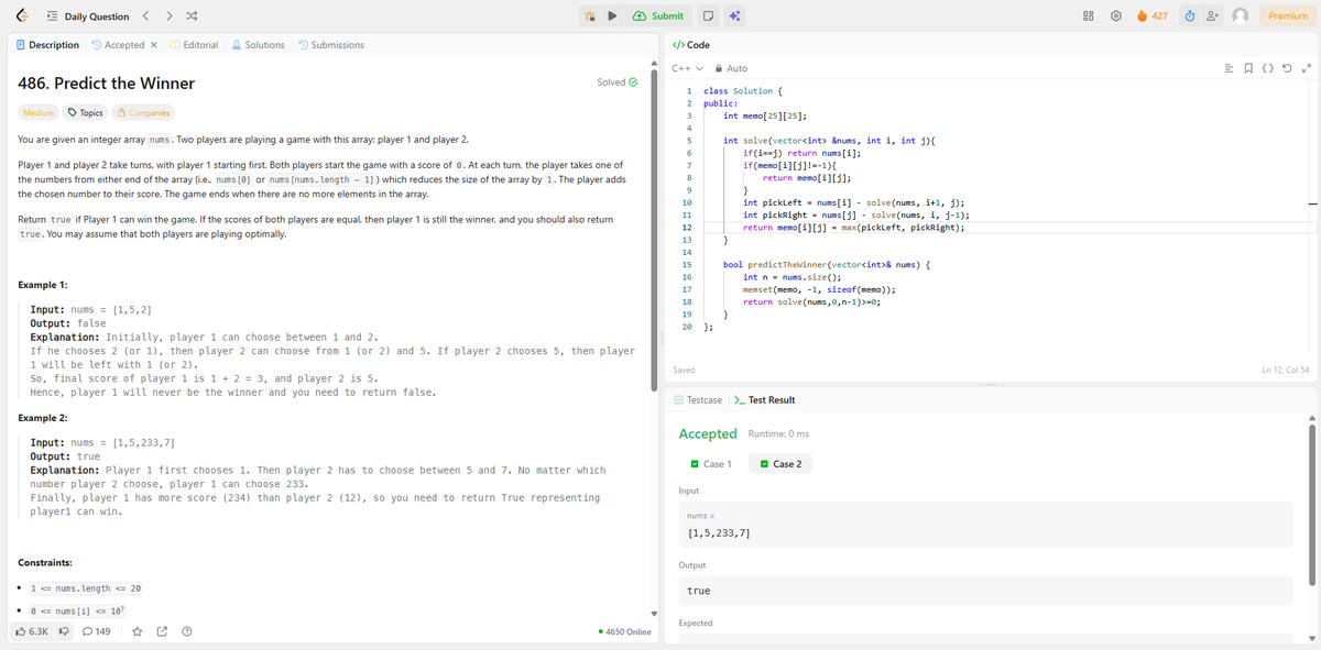 SurajS2707's tweet photo. 🚀 Day 427 of #EverydayCode

Solved LeetCode 486 - Predict the Winner using Dynamic Programming.

💡 Key insight: Instead of tracking both players' scores, store the maximum score difference each player can force.

⏱️ O(n²) | 💾 O(n²)
#LeetCode #CPP #DP https://t.co/daQ6zaj8AZ