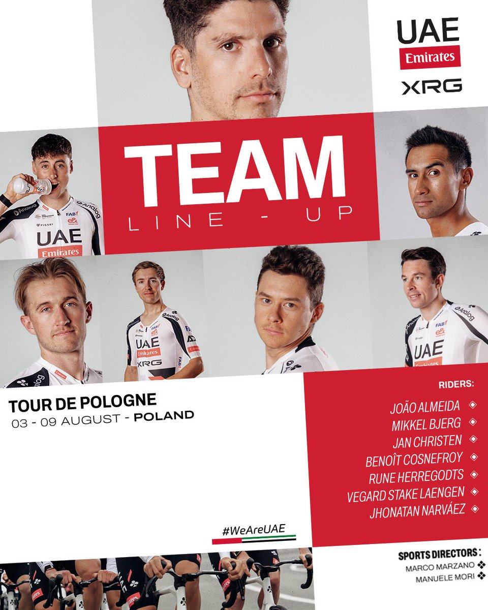 TeamEmiratesUAE's tweet photo. We’re readying up for the 83rd @Tour_de_Pologne 💪🇵🇱
We’ve got a title to try and defend, and our seven-man squad is as follows ⤵️
🇵🇹 @JooAlmeida98
🇩🇰 @mikkelbbjerg
🇨🇭 Jan Christen
🇫🇷 Benoît Cosnefroy
🇧🇪 @RuneHerregodts
🇳🇴 @VSLaengen
🇪🇨 @NarvaezJho
#WeAreUAE https://t.co/pkXzIwodGb