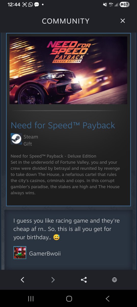 AlonelyCat31's tweet photo. Just recieved this notification on steam.
My birthday is on 31st and bro sent the gifts already 😭😭😭
Thank you so much @gamerbwoiii 🫂🫂 

#GGz #GamerbwoiiLegit #EzioWillHateThisCuzHeHatesIndians #HumbleBurritoWhoWillGiveAk1raStellerBladeCompleteEdition #CheckYourSteam https://t.co/yySyc9sbmn