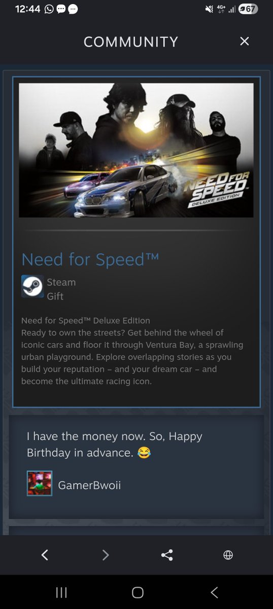 AlonelyCat31's tweet photo. Just recieved this notification on steam.
My birthday is on 31st and bro sent the gifts already 😭😭😭
Thank you so much @gamerbwoiii 🫂🫂 

#GGz #GamerbwoiiLegit #EzioWillHateThisCuzHeHatesIndians #HumbleBurritoWhoWillGiveAk1raStellerBladeCompleteEdition #CheckYourSteam https://t.co/yySyc9sbmn