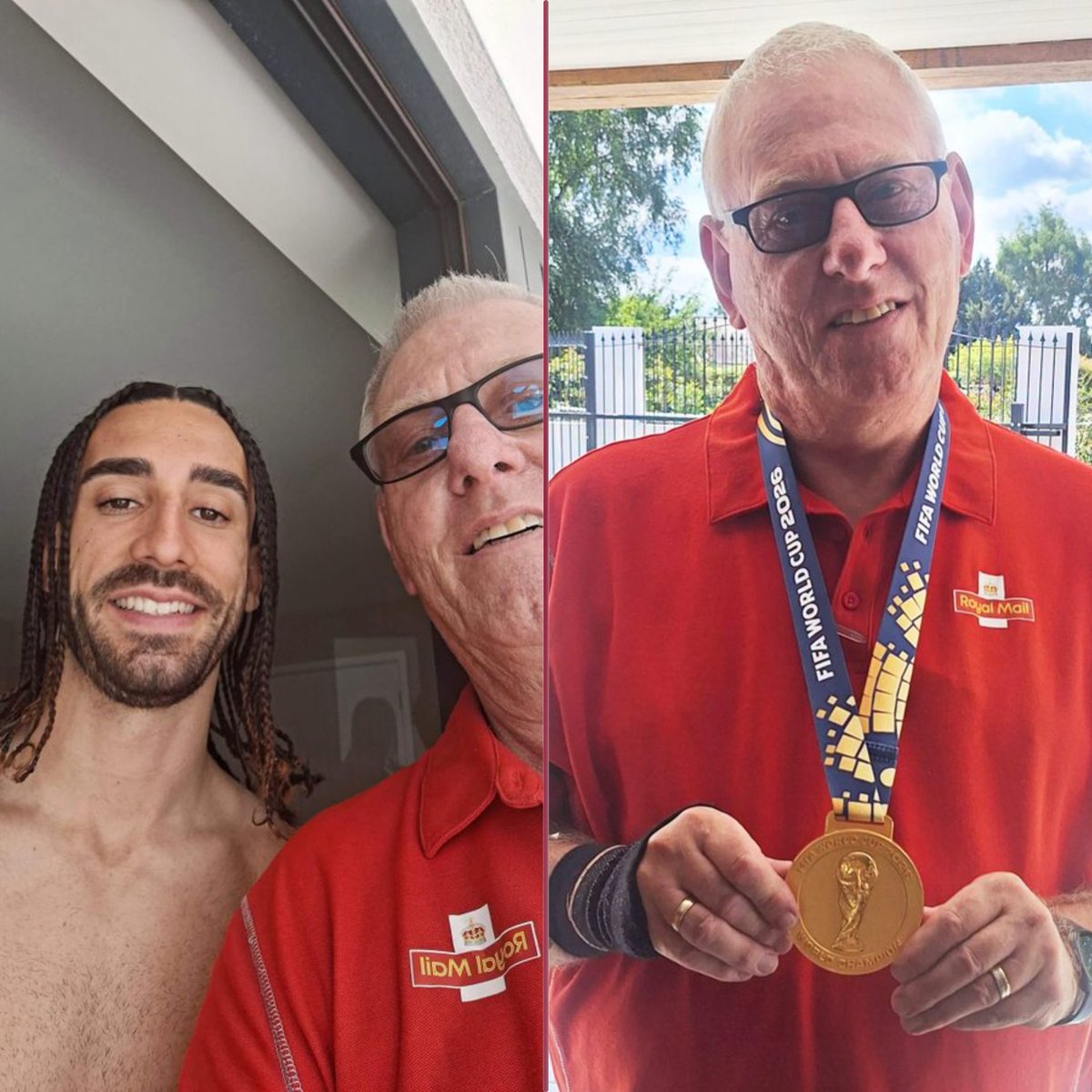 AwayDaysFB's tweet photo. Before leaving the UK to move to Madrid, Marc Cucurella allowed his postman in Horsham to wear his World Cup medal...

What a legend ❤️👏🏻 https://t.co/Afolsv3MXj