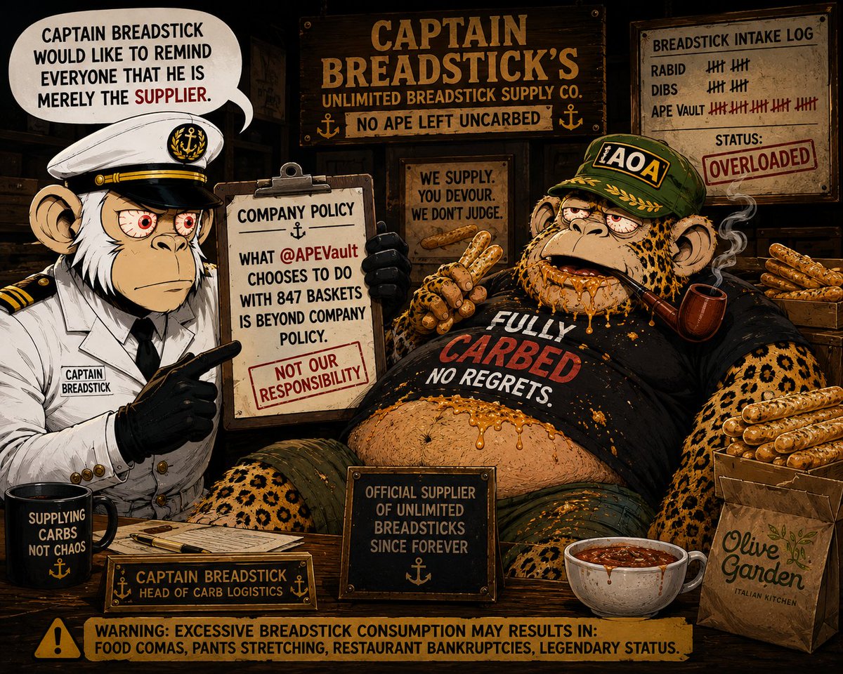 dudeman22_eth's tweet photo. OFFICIAL STATEMENT:
Captain Breadstick's Unlimited Breadstick Supply Co. accepts no responsibility for the actions of @apevault.
We simply deliver the baskets.
@OliveGarden... we'd like to discuss a sponsorship. π₯π
#ApesOnApe #OliveGarden #CaptainBreadstick #NoApeLeftUncarbed