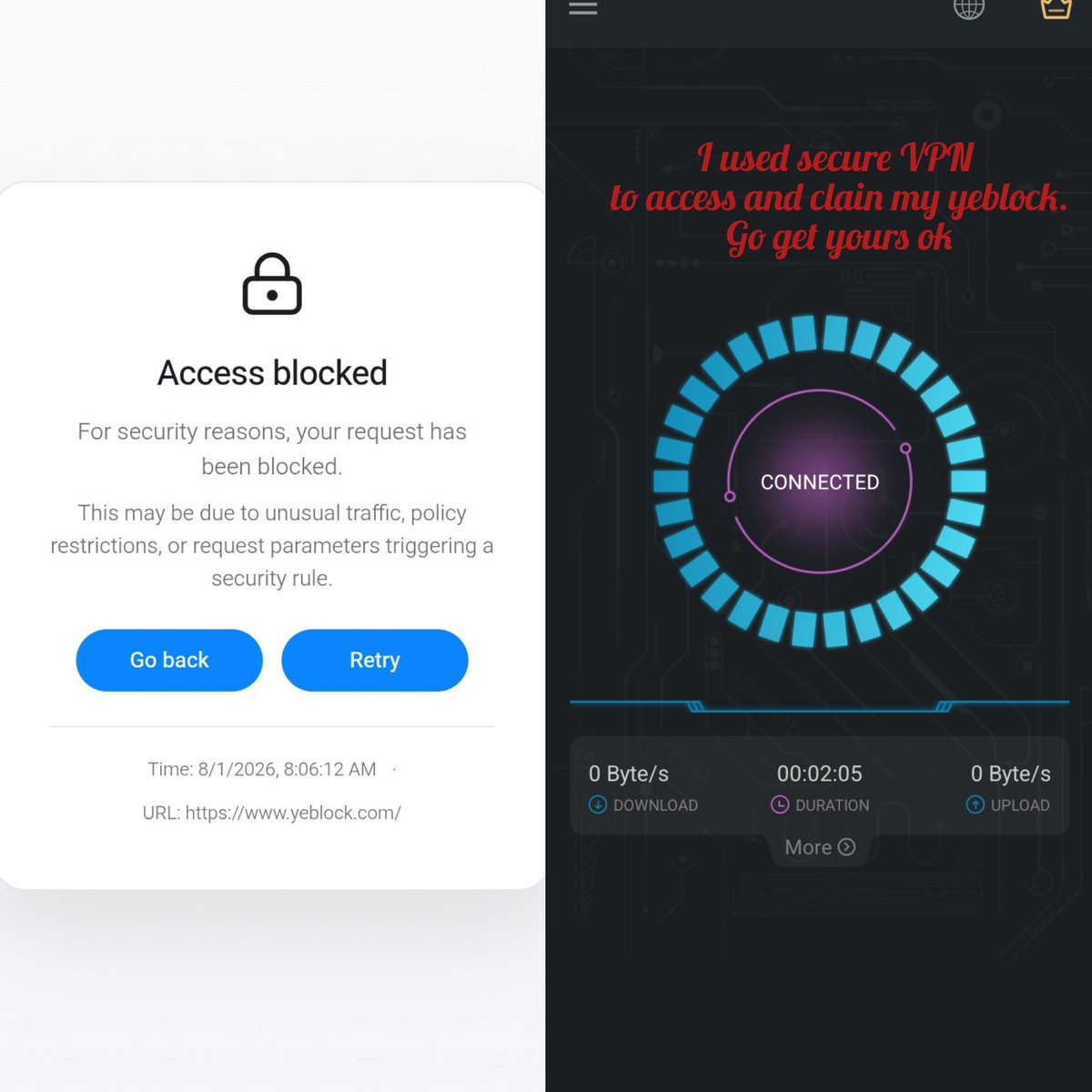 AdaoraBen2's tweet photo. Access denied? 🙄 Looks like you've abandoned your Yeblock claims for 2 days! 😯

Use a VPN to access it and claim what's yours while we wait for the issue to be fixed as soon as possible.

Also, remind your friends to do the same. With a total supply of just 121M, we can't afford to miss out. Keep claiming. Keep earning!