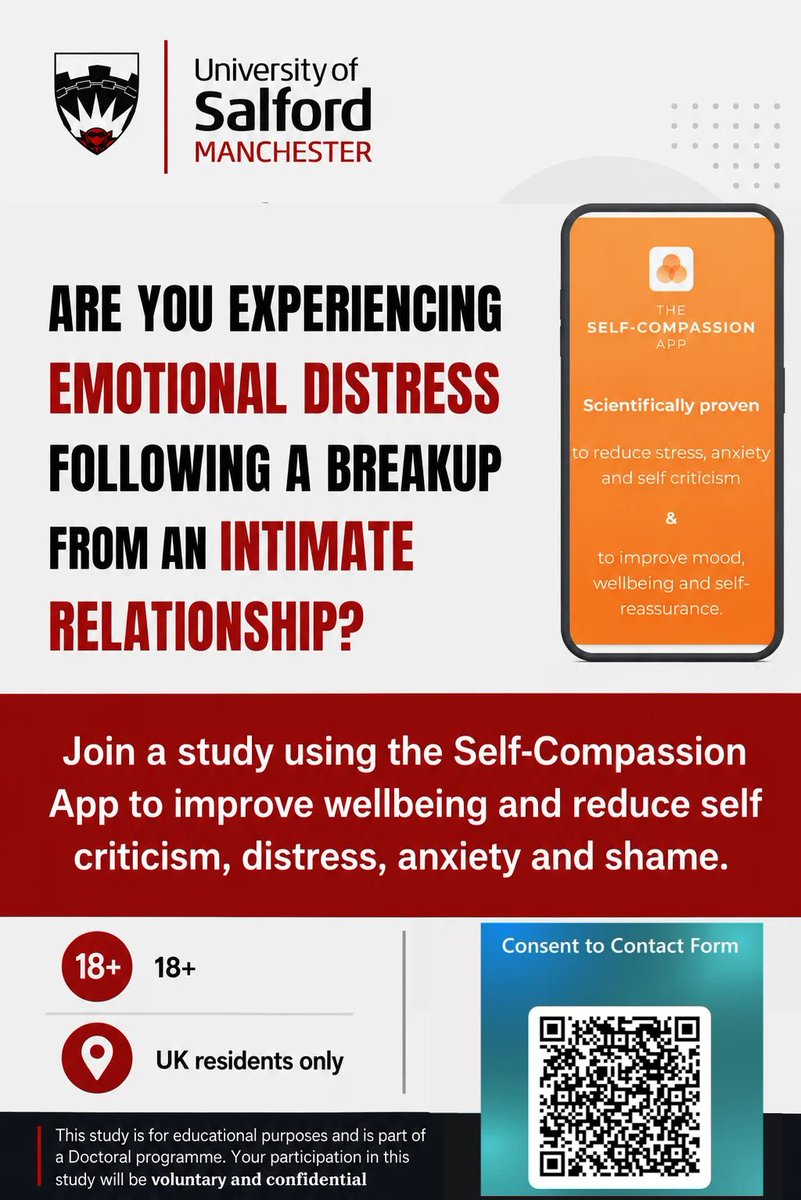 AnxietyUK's tweet photo. 🧡 Struggling emotionally after a breakup? You're not alone — and there's support that could help.

Take part in a University of Salford study testing the Self-Compassion App, designed to reduce anxiety, stress and self-criticism while boosting mood and wellbeing 📲💫

18+ | UK residents | Confidential & voluntary 🔐

Tap the link/QR code to find out more and sign up 🙌