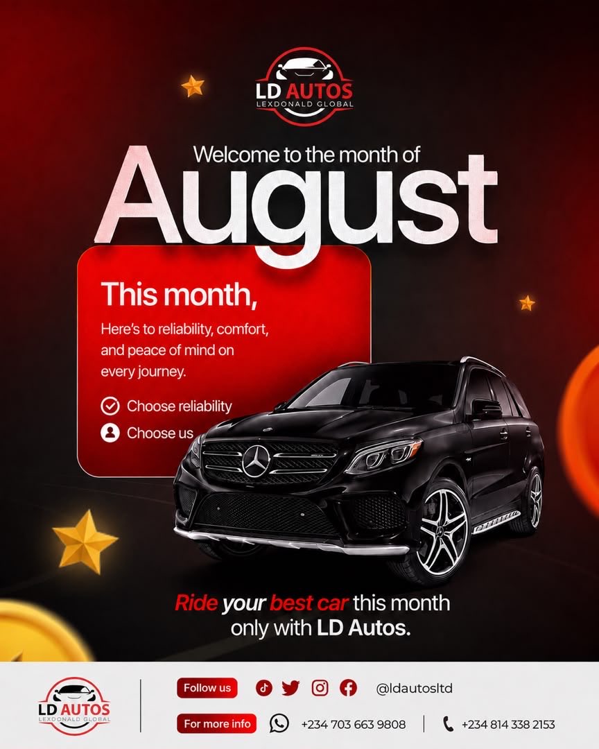 Ldautosltd's tweet photo. Welcome to the month of
August
This month,
Here’s to reliability, comfort and peace of mind on every journey.
Choose reliability
Choose us.🚘🏁
📩 Ready for your next ride? Let’s make it happen
.
.
.
.

🚗 We offer the best deals on premium cars, all clean and certified, with doorstep delivery and a seamless buying process.

📩Send us a DM or contact us on WhatsApp (+234 814 3382153) to get your dream car

.
.
.
#August #newmonth