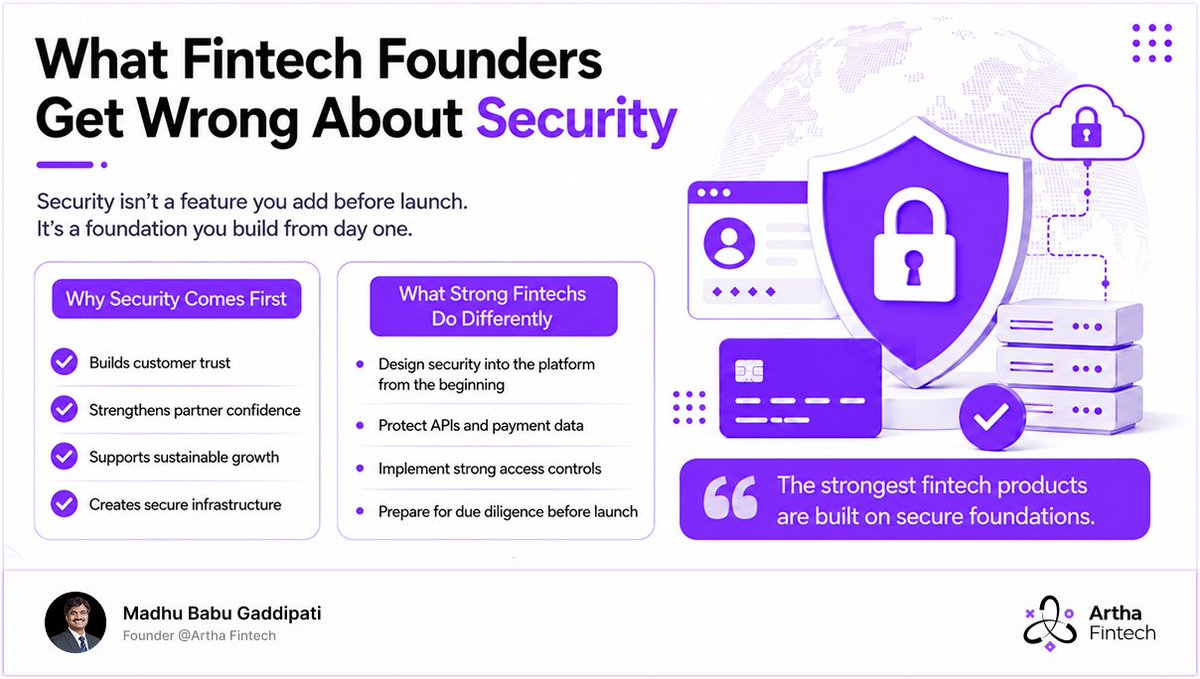 BabuGaddipati's tweet photo. What fintech founders get wrong about security.
The strongest platforms build secure infrastructure from day one, making it easier to earn trust, pass due diligence, and scale with confidence.
Security is a foundation, not a feature.
#FintechSecurity #PaymentSecurity https://t.co/PzLPgie9S3